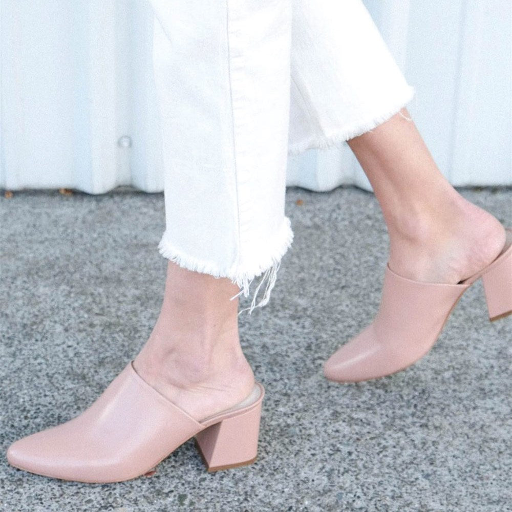 Women's Blush Block Heel Almond Toe Mules Shoes