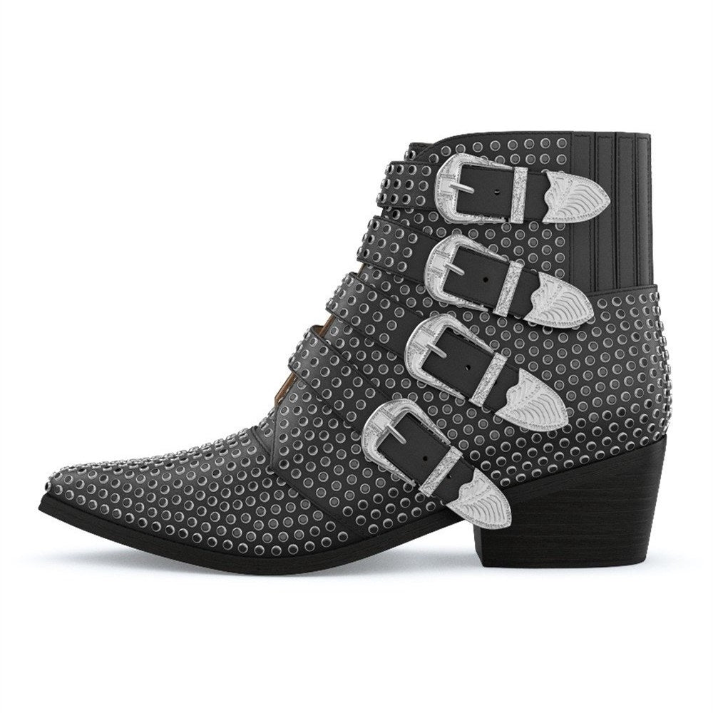 Black Pointed Toe Buckle Strap Chunky Heel Ankle Boots with Studs