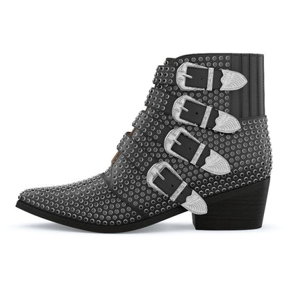 Black Pointed Toe Buckle Strap Chunky Heel Ankle Boots with Studs