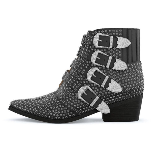 Black Pointed Toe Buckle Strap Chunky Heel Ankle Boots with Studs
