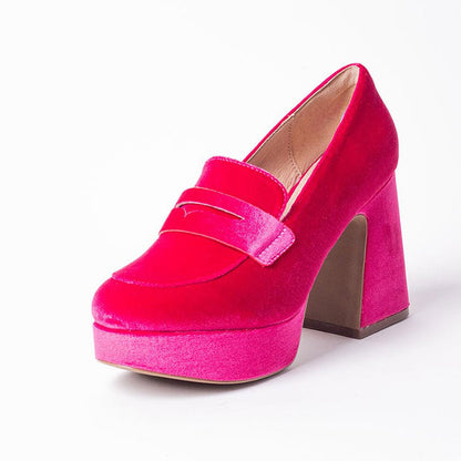 Hot Pink Velvet Round Toe Block Heel Platform Penny Loafers Women