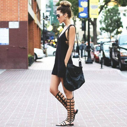 Classic Black Open-Toe Strappy Flats Knee High Gladiator Sandals