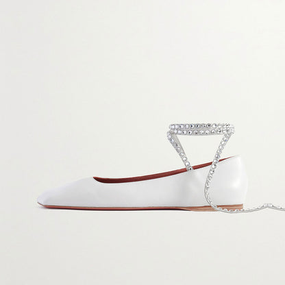 Elegant White Square Toe Rhinestone Strappy Bride Flats