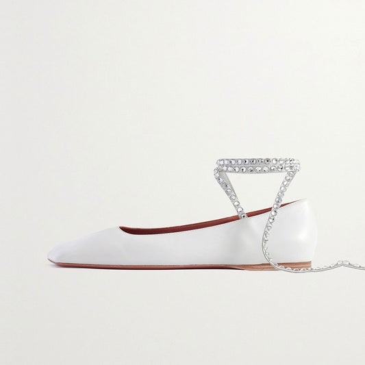 Elegant White Square Toe Rhinestone Strappy Bride Flats