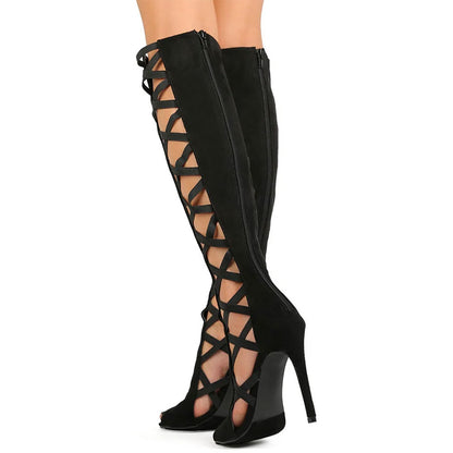 Black Peep Toe Stiletto Heel Cut Out Crisscross Straps Knee High Boots