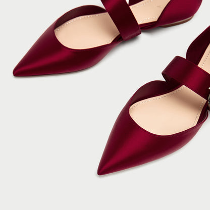 Women's Maroon Satin Pointy Toe Flats Crystal Buckle Mary Jane Shoes