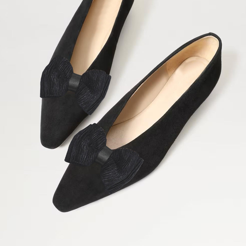 Black Pointed Toe Suede Flats With Bow Decor Chunky Low Heel
