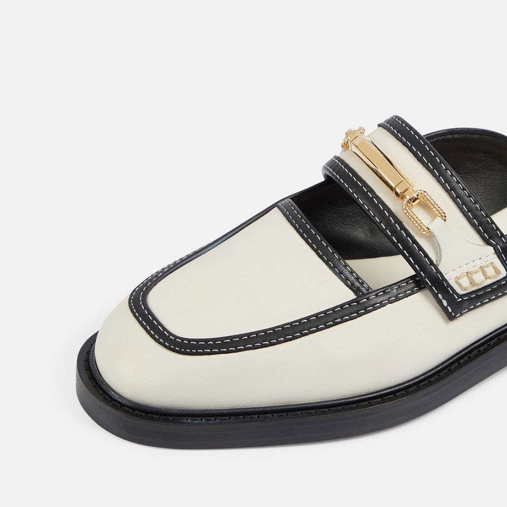 White & Black Round-Toe Low Block Heel Mule Loafers with Chain