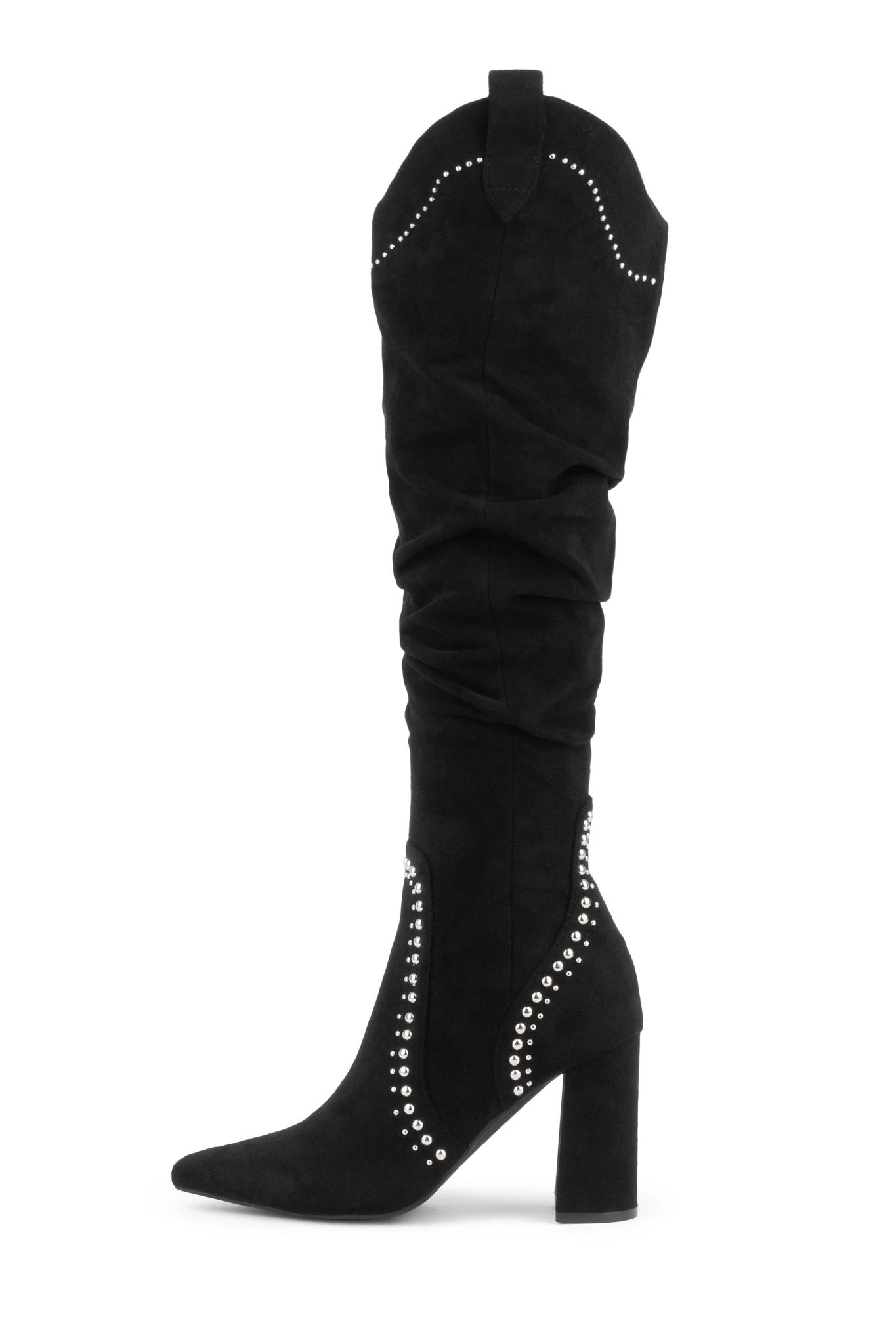 Black Vegan Suede Studs Chunky Heel Knee High Boots