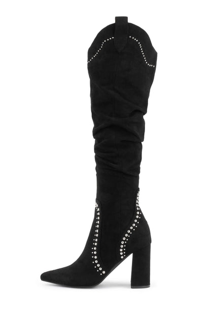 Black Vegan Suede Studs Chunky Heel Knee High Boots