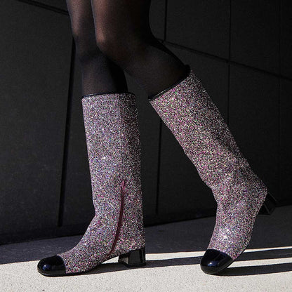 Black & Purple Glitter Round Toe Block Heel Knee High Boots