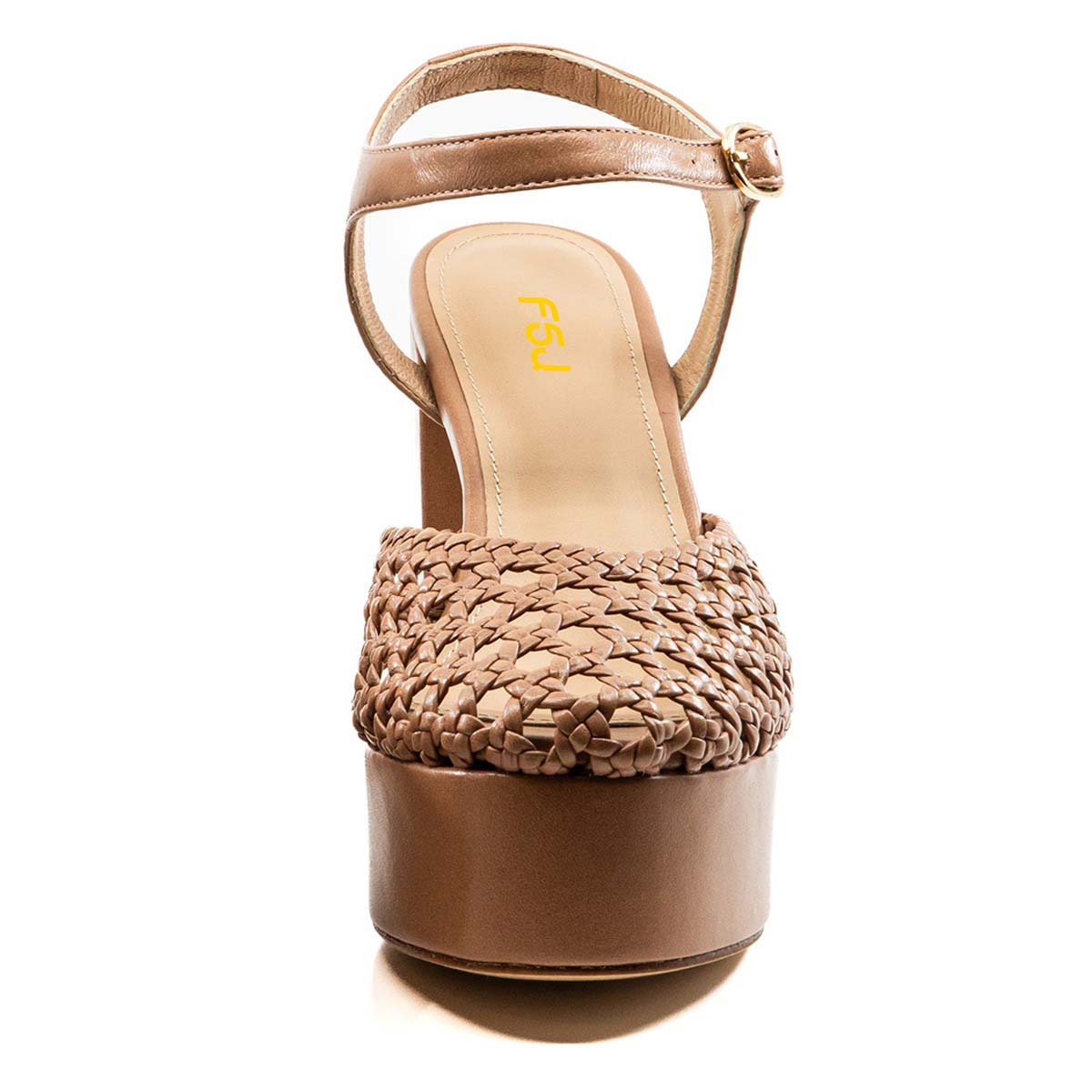 Tan Woven Detail Round Toe Ankle Strap Chunky Heel Platform Sandals