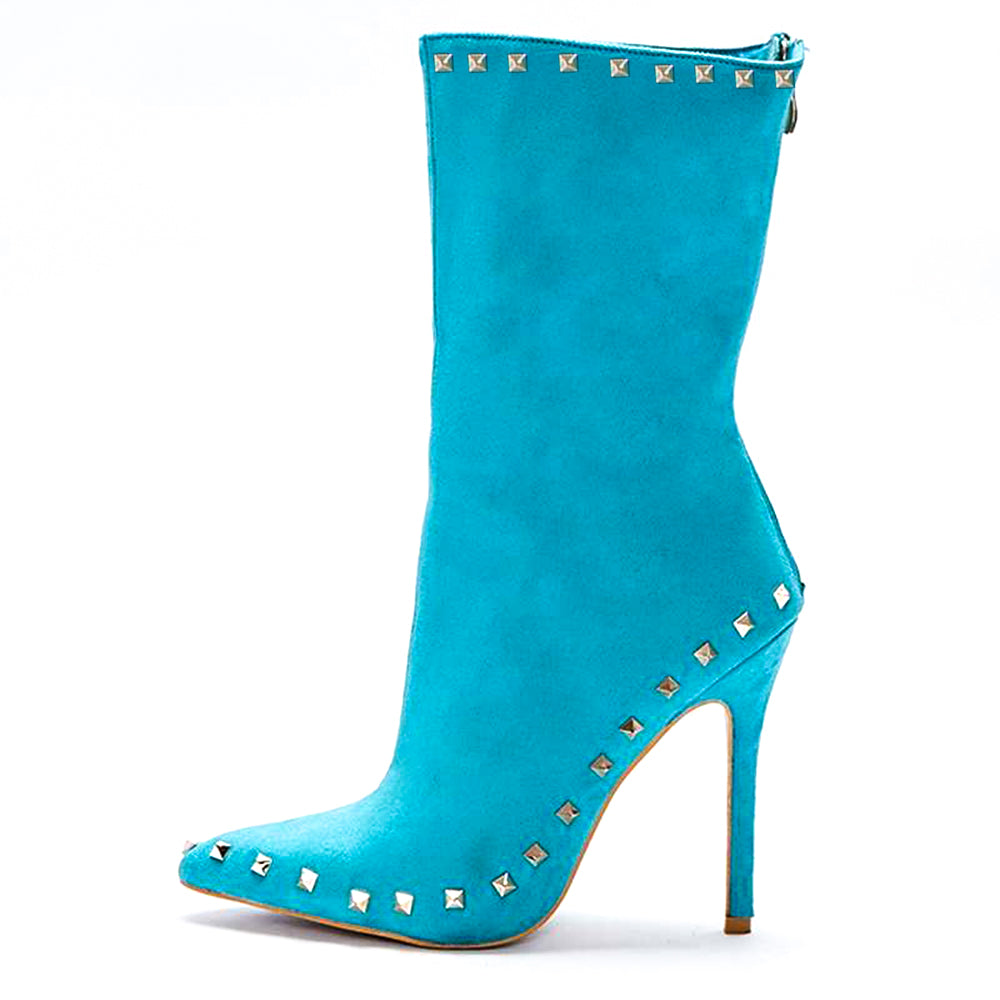 Cyan Vegan Suede Pointed Toe Stiletto Heel Mid Calf Boots with Rivets