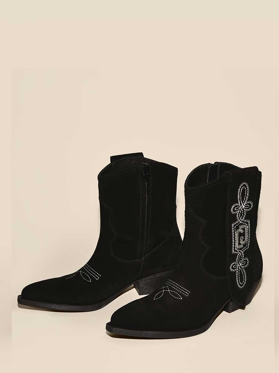 Black Vegan Suede Chunky Heel White Embroidered Cowgirl Ankle Boots