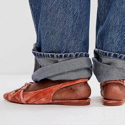 Pink Velvet Pointed Toe Bow Strap Slingback Flats