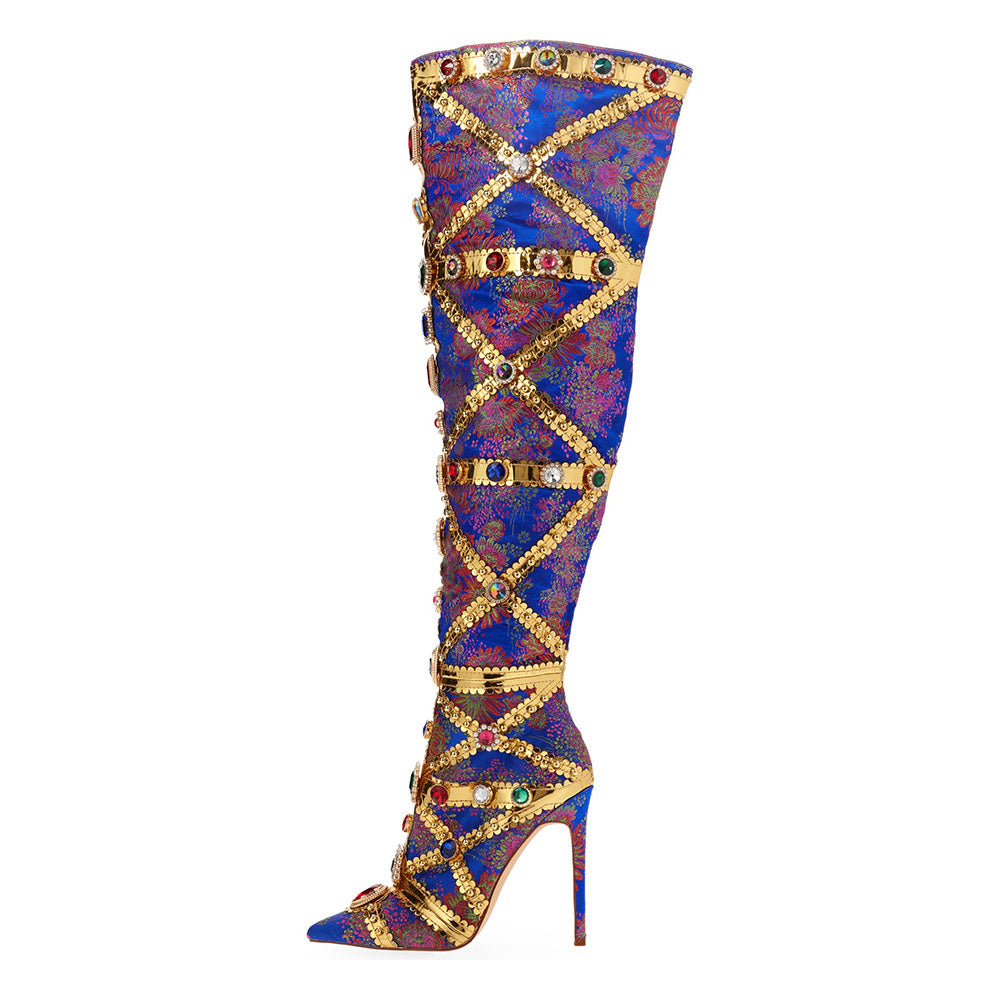 Blue Floral Jacquard Stiletto Heel Knee High Boots with Gem Decor