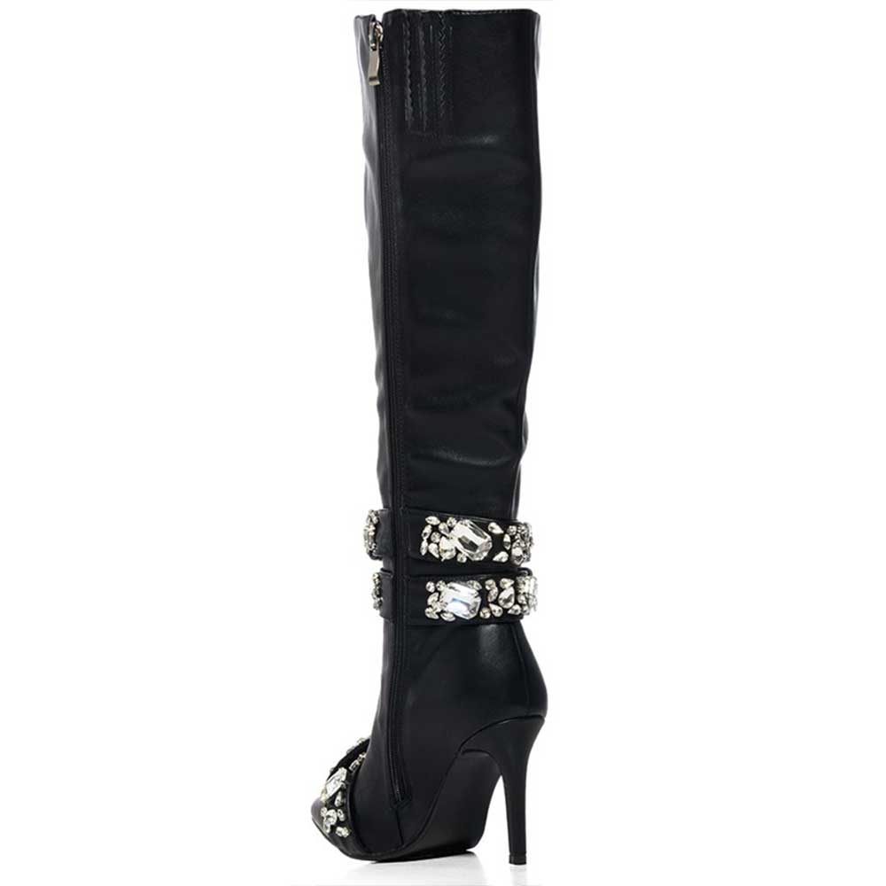 FSJ Black Pointed Toe Stiletto Mid Calf Boots with Crystal Band