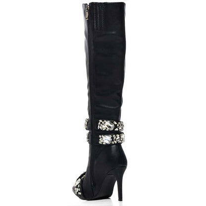 FSJ Black Pointed Toe Stiletto Mid Calf Boots with Crystal Band