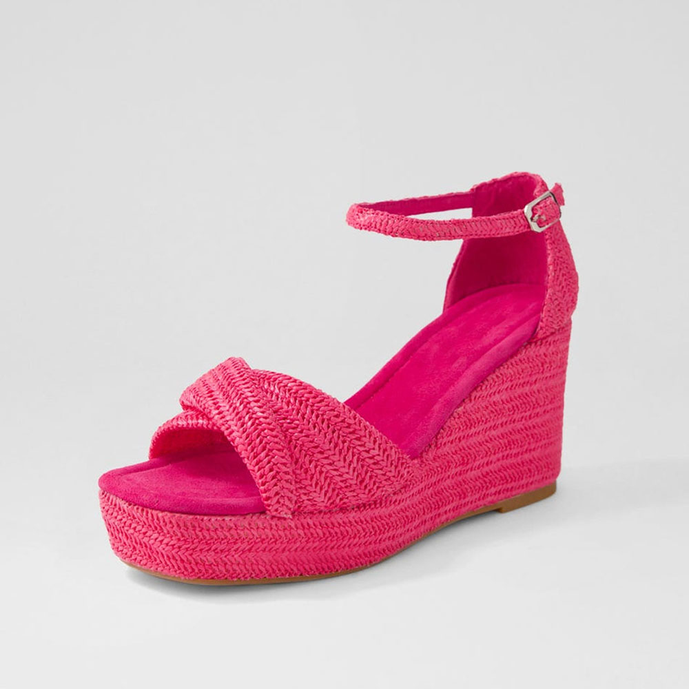Women's Hot Pink Ankle Strap Woven Wedge Platform Sandals