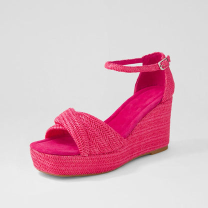 Women's Hot Pink Ankle Strap Woven Wedge Platform Sandals