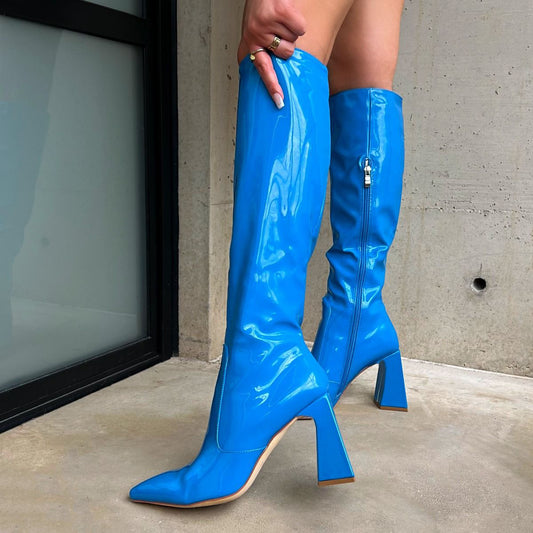 Blue Patent Leather Pointed Toe Knee High Boots with Flared Heel