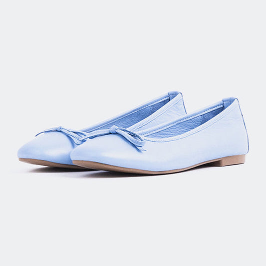 Light Blue Vegan Leather Square Toe Ballet Flats with Bow Tie Details