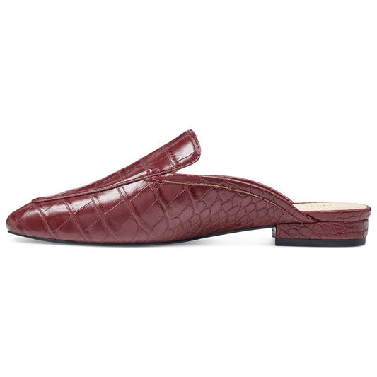 Maroon Croco Embossed Square Toe Flat Mule Loafers for Women