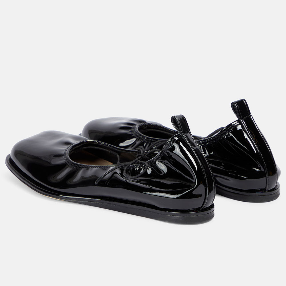 Black Patent Leather Square Toe Elasticated Edge Lace Up Ballet Flats