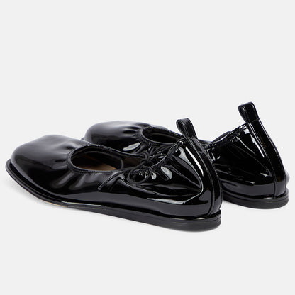 Black Patent Leather Square Toe Elasticated Edge Lace Up Ballet Flats