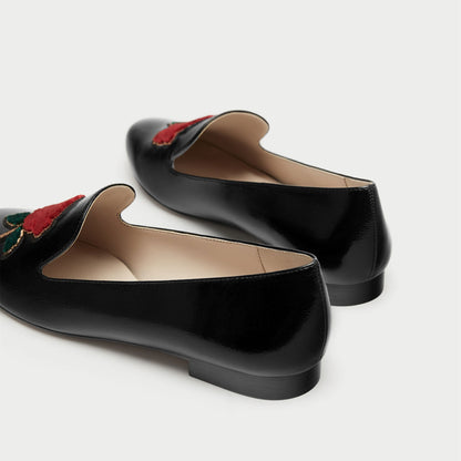 Black Round Toe Flower Embroidered Flats Loafer Shoes for Women