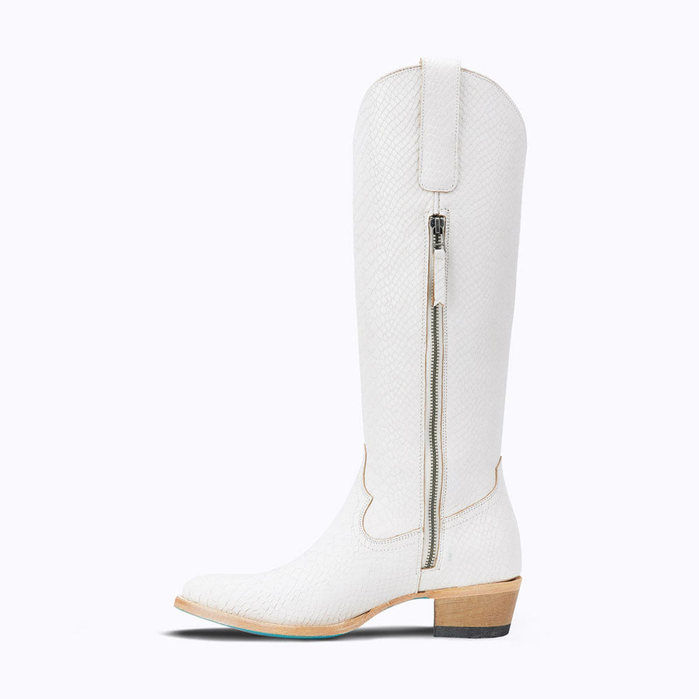 White Vegan Leather Closed Toe  Chunky Heel Knee High Boots