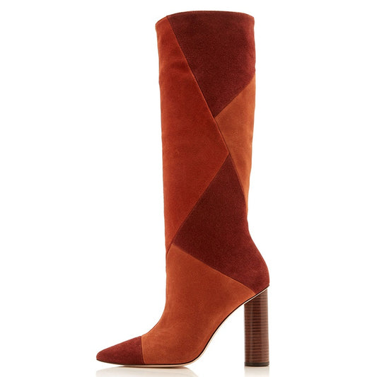 Tan and Brown Vegan Suede Chunky Heel Knee High Boots