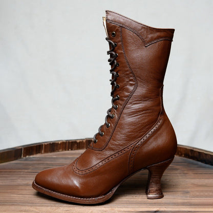 Brown Lace-Up Almond Toe Spool Heel Mid Calf Boots for Women
