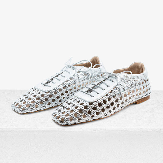 Silver Vegan leather Square Toe Lace-Up Woven Flat Lady's Shoes