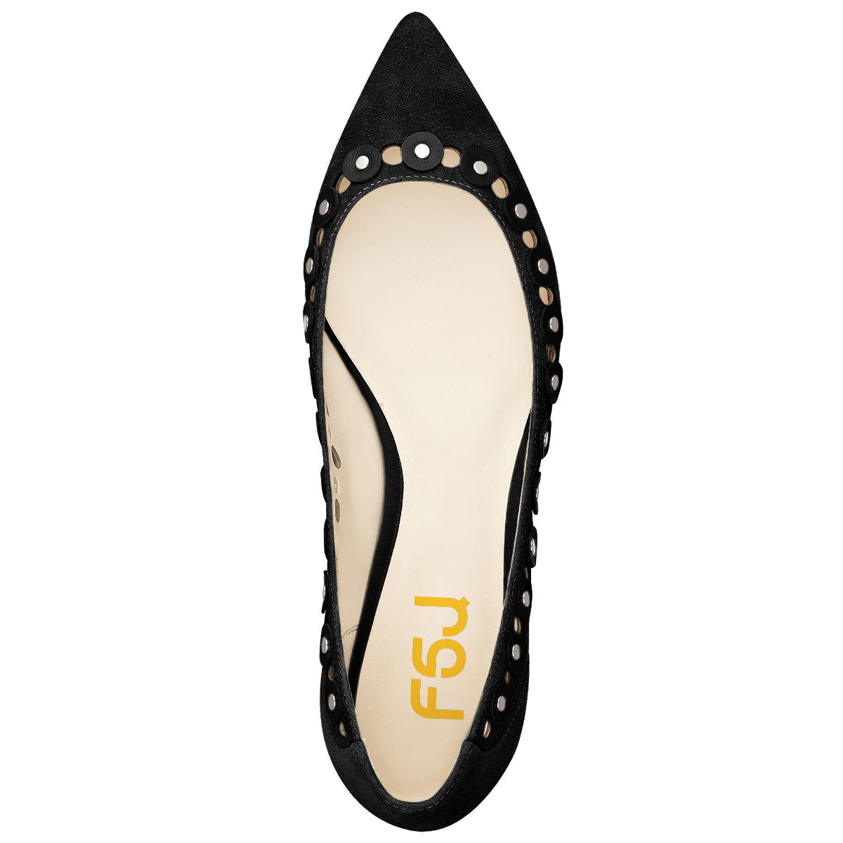 Black Vegan Suede Hollow Out Studded Pointed Toe Flats for Women