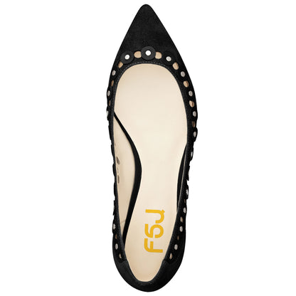 Black Vegan Suede Hollow Out Studded Pointed Toe Flats for Women