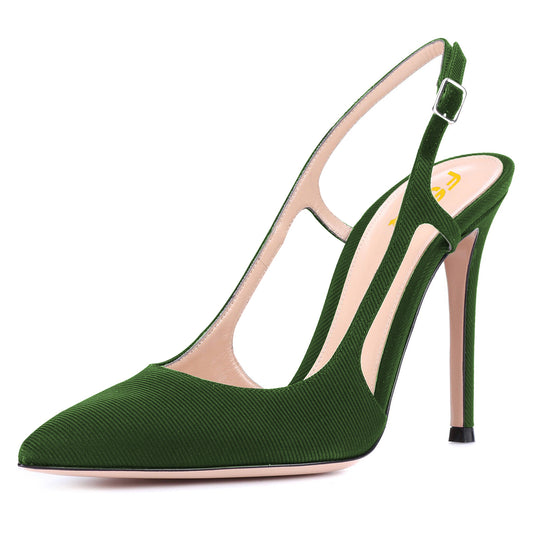 Women's Green Pointed Toe Heels Buckle Slingback Pumps