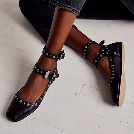 Women's Square Toe Studs Shoes Bucked Ankle Strap Flats in Black