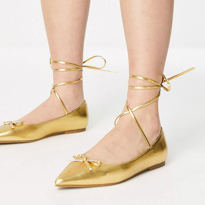 Metallic Gold Lace-Up Shoes Pointed-Toe Bow Embellished Flats