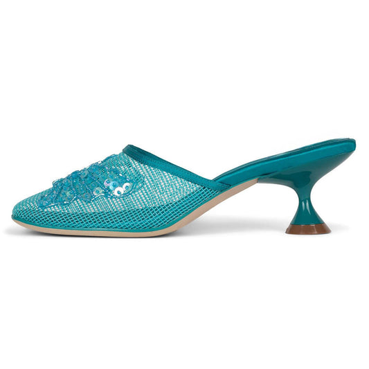Turquoise Fishnet Square Toe Kitten Heel Sequin Wide Band Mules