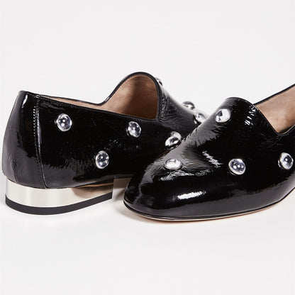 Black Almond Toe Casual Flats Rhinestone Loafers for Women