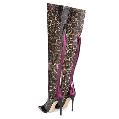 Purple Stiletto Heel Leopard Shoes Transparent Zipper Knee High Boots