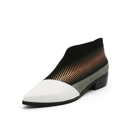 Black & White Pointy Toe Chunky Heel Ankle Boots with Graphic Pattern