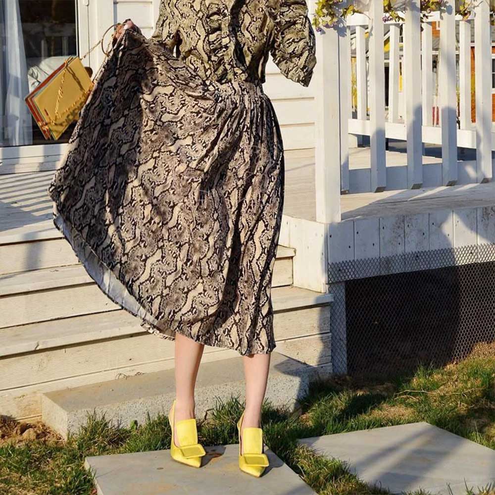 Yellow Stiletto Heels Slingback Pumps with Oversized Square Buckle