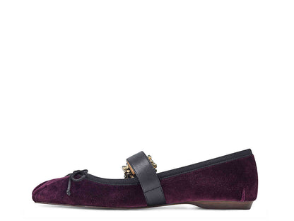 FSJ Velvet Rhinestone Buckle Bow Mary Jane Flats in Burgundy