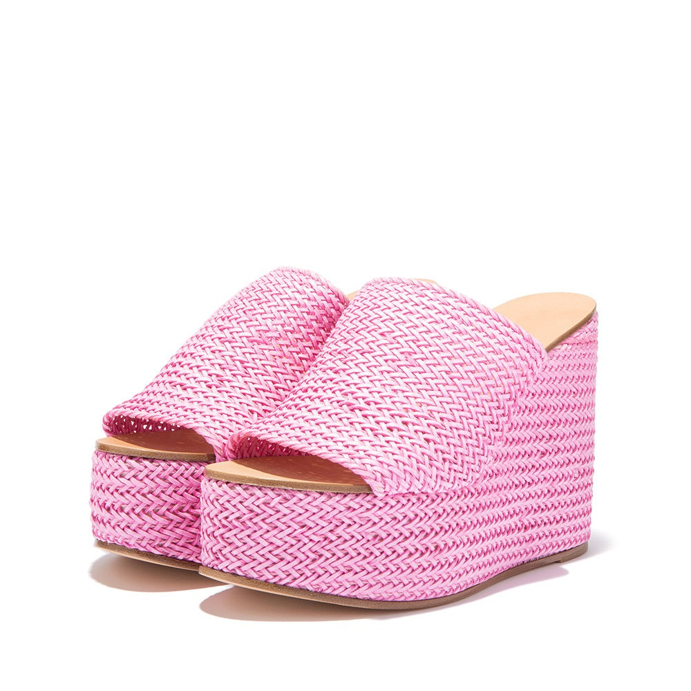 FSJ Pink Open Toe Woven Wedge Platform Mules Sandals