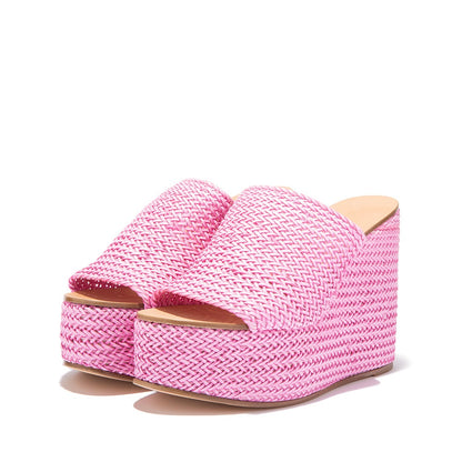FSJ Pink Open Toe Woven Wedge Platform Mules Sandals