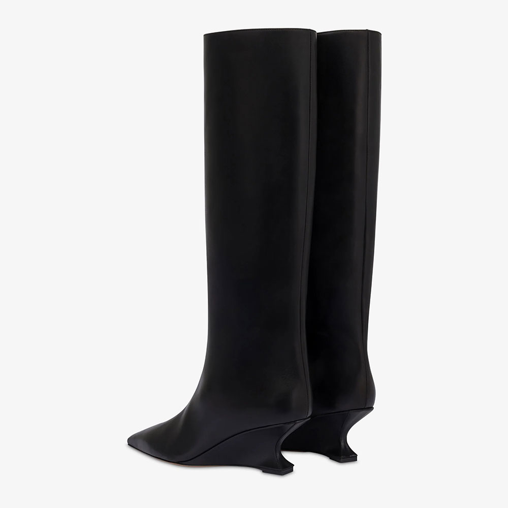 Black Pointed Toe Sculptural Wedge Heel Pull-On Knee High Boots