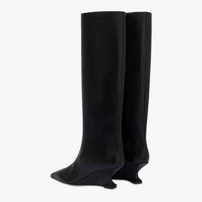 Black Pointed Toe Sculptural Wedge Heel Pull-On Knee High Boots