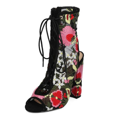 Black Sheer Mesh Peep Toe Lace Up Embroidered Block Heel Ankle Boots